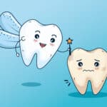 Tooth Fairy in blue wings holding magic wand next to sad discolored tooth needing dental care.