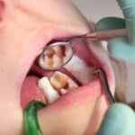 Pediatric dental exam showing child's teeth with cavities during intraoral inspection.