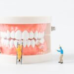 Miniature figures climbing a dental model showing teeth and gums for pediatric oral cancer screening education.